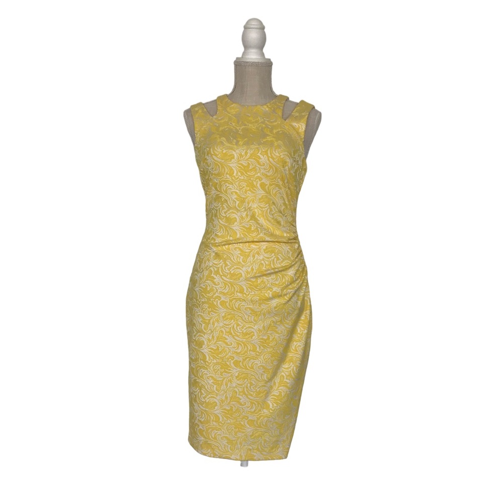 Yellow And White Cache Size 2 Fitted Midi Dress W… - image 1